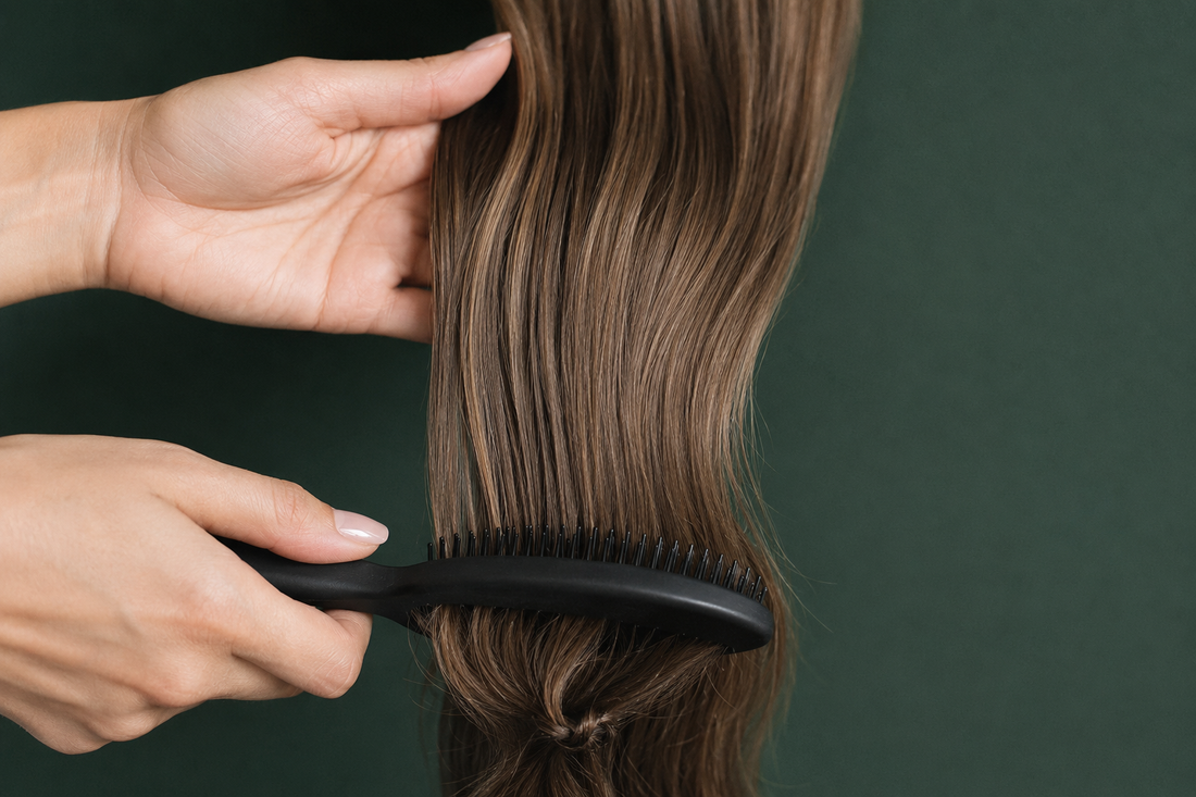 Hair extensions brushed gently from the ends upward while supported by hand