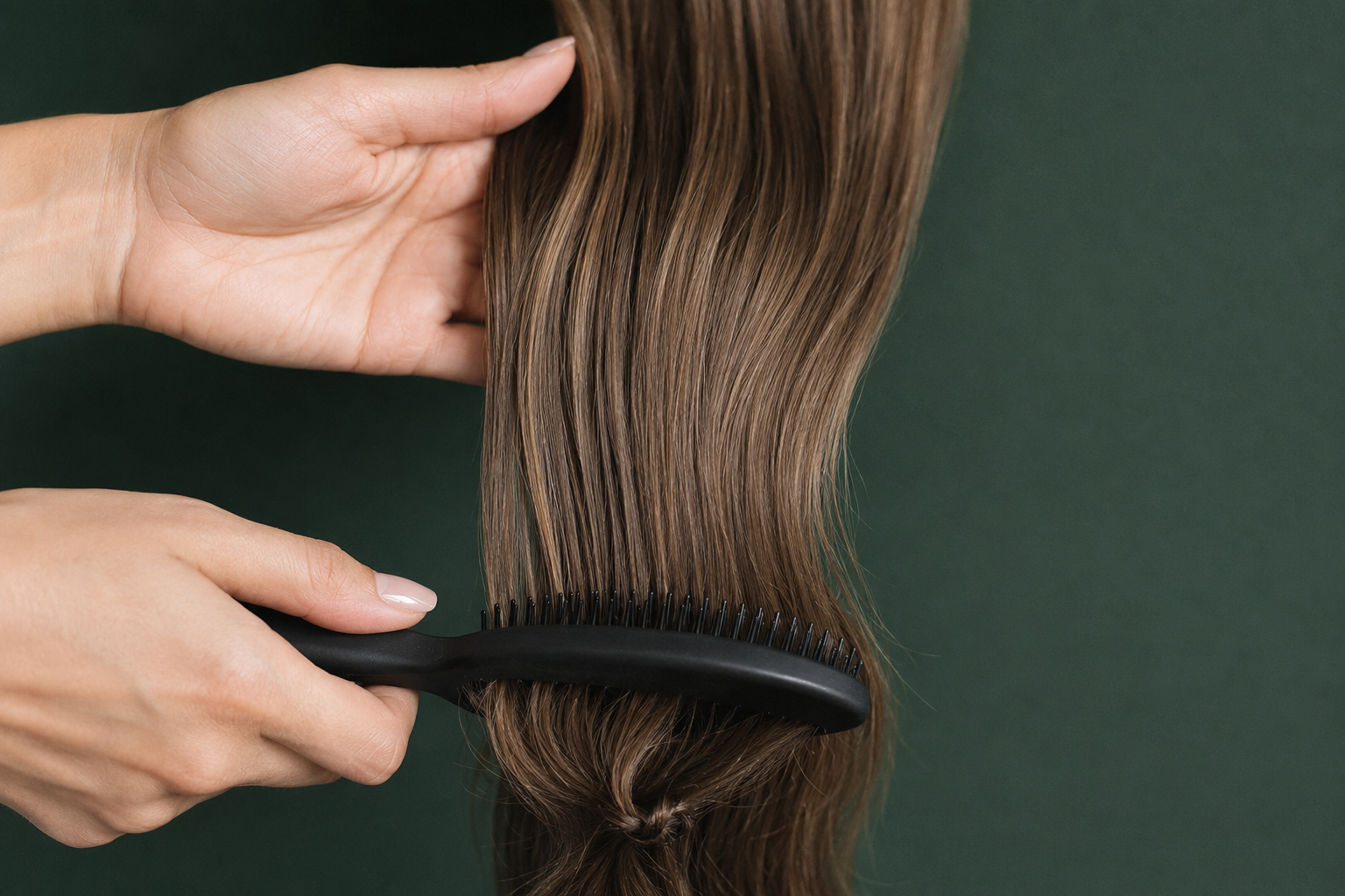 Hair extensions brushed gently from the ends upward while supported by hand