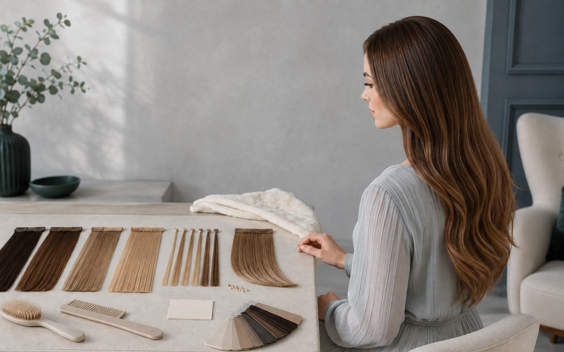 Young Caucasian woman preparing for a professional hair extension installation appointment