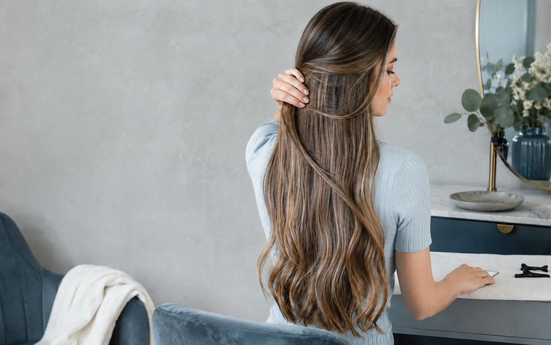 Young Caucasian woman checking Remy hair extensions for tension breakage and natural hair safety