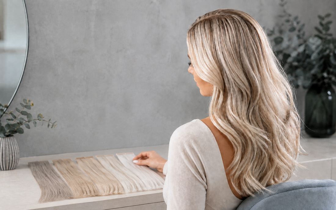 Young Caucasian woman comparing ash blonde beige blonde and platinum Remy hair extensions