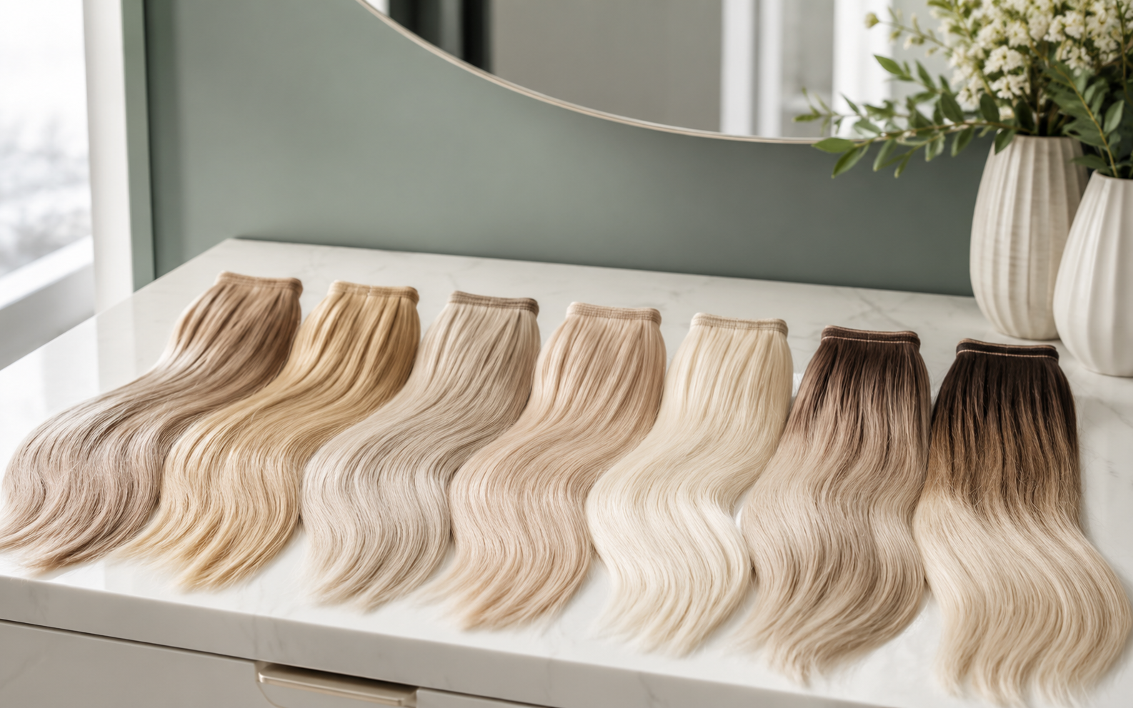 Blonde hair extensions shade guide with beige, ash, golden, and platinum tones