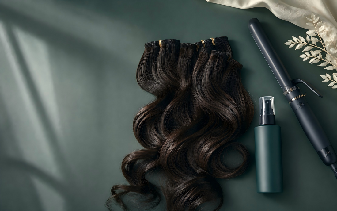 Human hair extensions styled into soft polished curls with a curling iron nearby