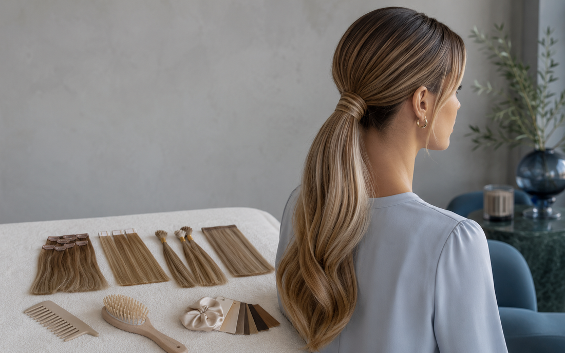 Young Caucasian woman styling a low ponytail with Remy human hair extensions