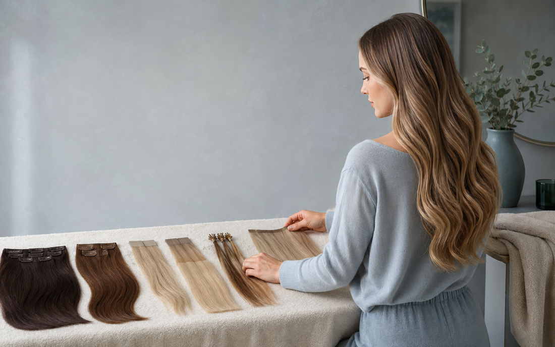 Young Caucasian woman organizing reusable Remy human hair extensions by method
