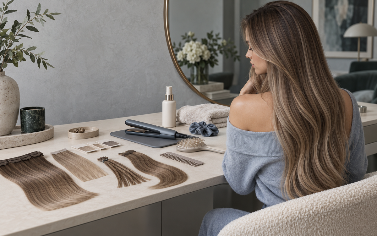 Young Caucasian woman straightening Remy human hair extensions with heat protectant