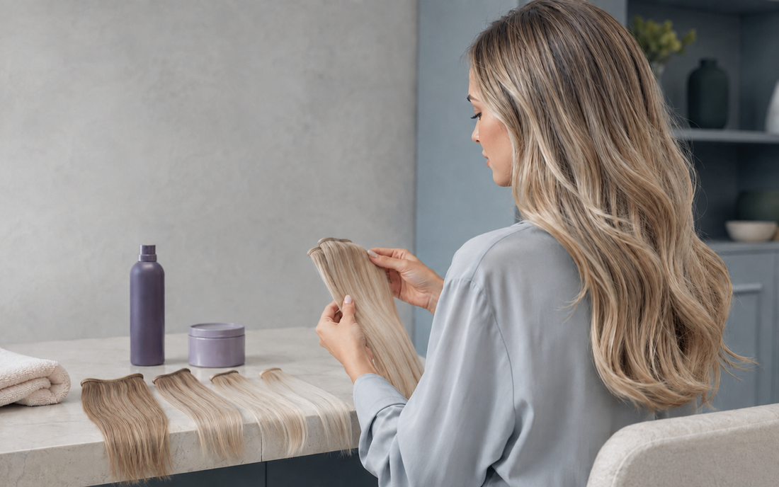 Young Caucasian woman checking blonde Remy human hair extensions before toning