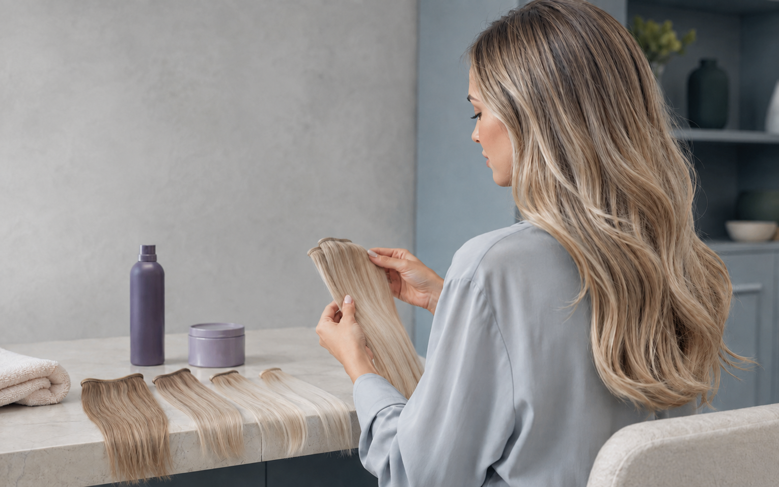 Young Caucasian woman checking blonde Remy human hair extensions before toning