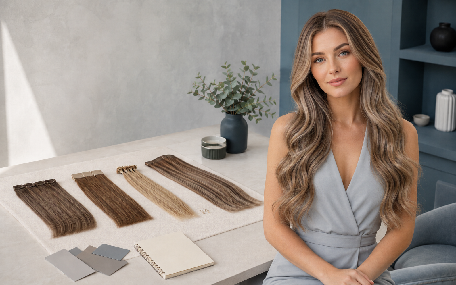 Young Caucasian woman comparing Clip-In Tape-In I-Tip and Genius Weft Remy hair extensions