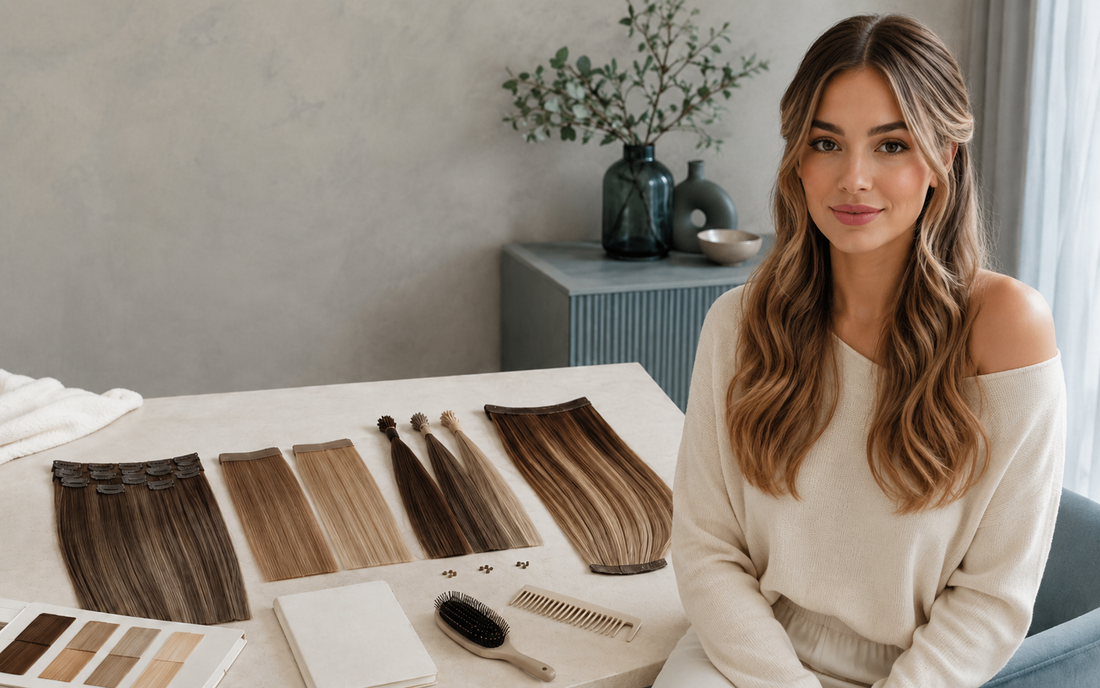 Young Caucasian woman comparing Remy human hair extension methods for the first time