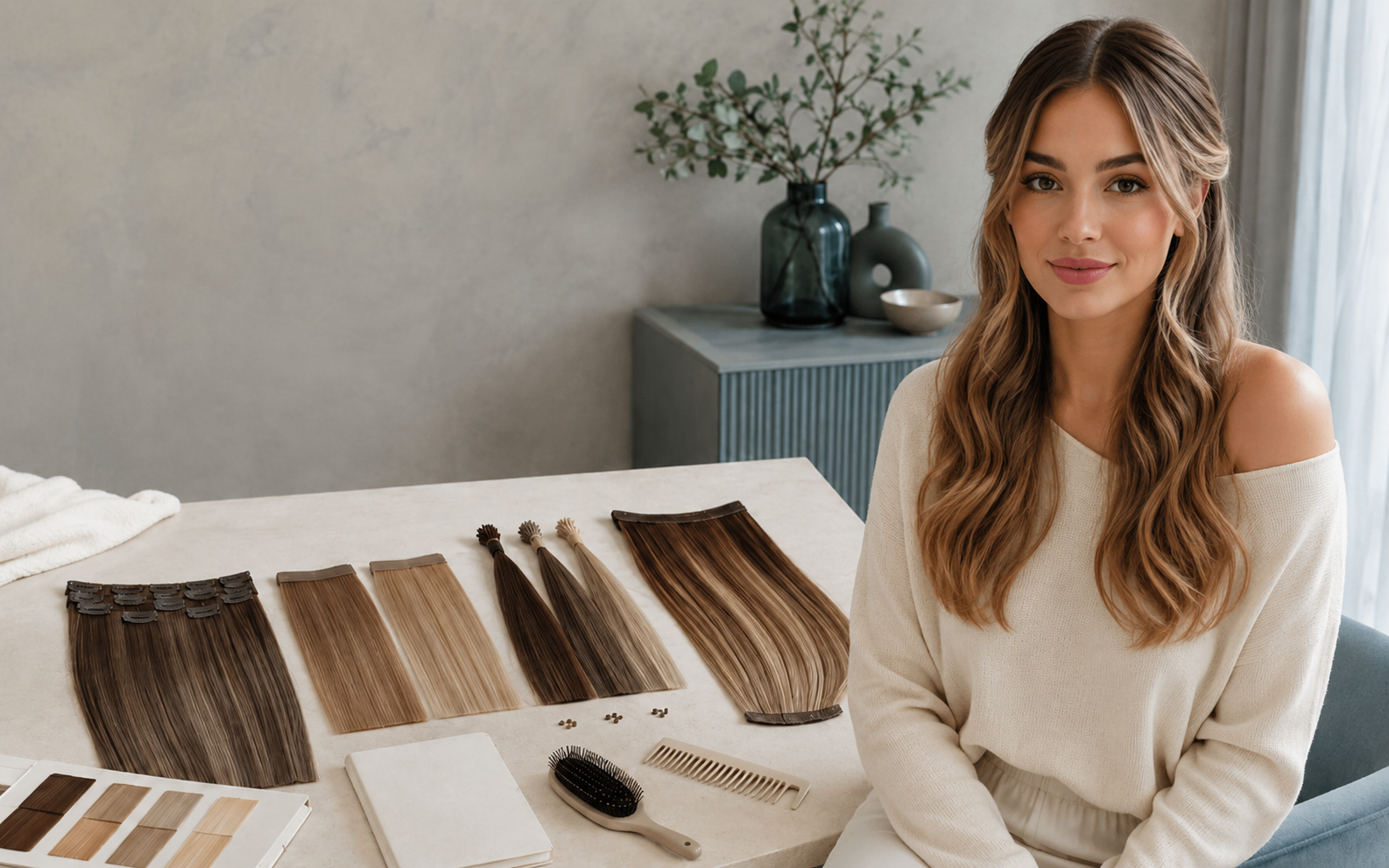 Young Caucasian woman comparing Remy human hair extension methods for the first time