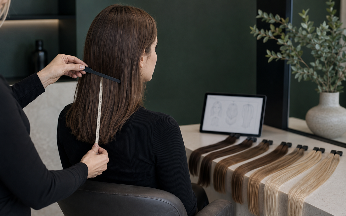 Young Caucasian woman having a professional hair extension consultation with Remy hair samples