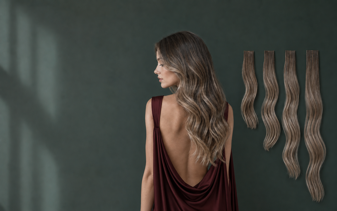Young Caucasian woman comparing different hair extension gram weights for natural volume