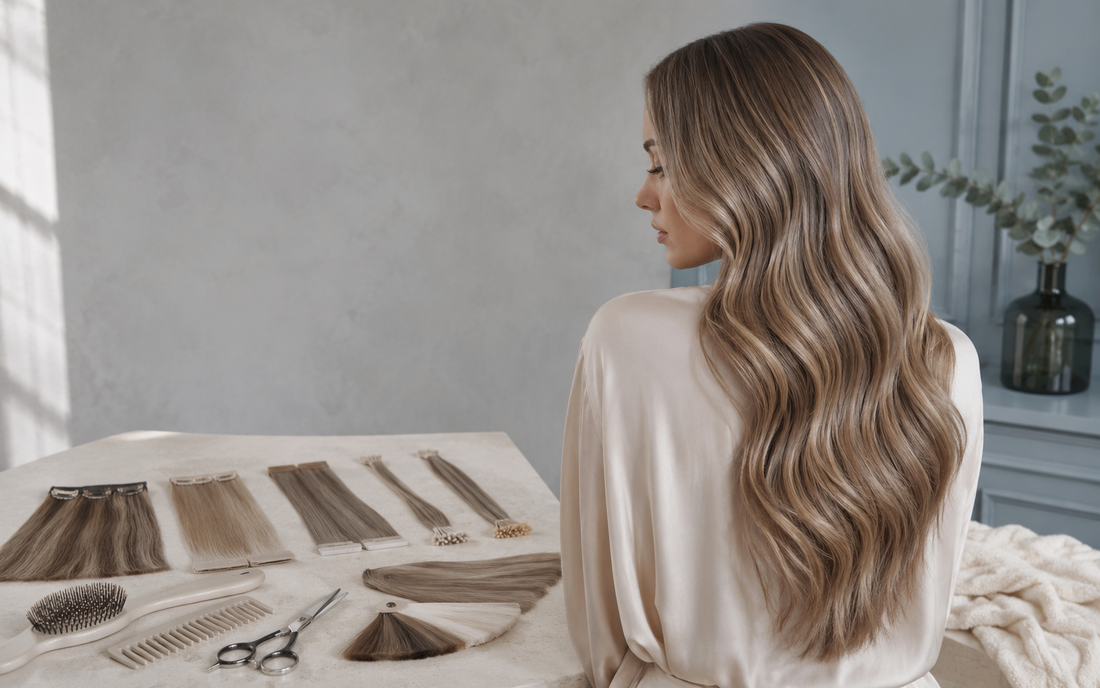 Young Caucasian woman with thick hair blended naturally with Remy human hair extensions