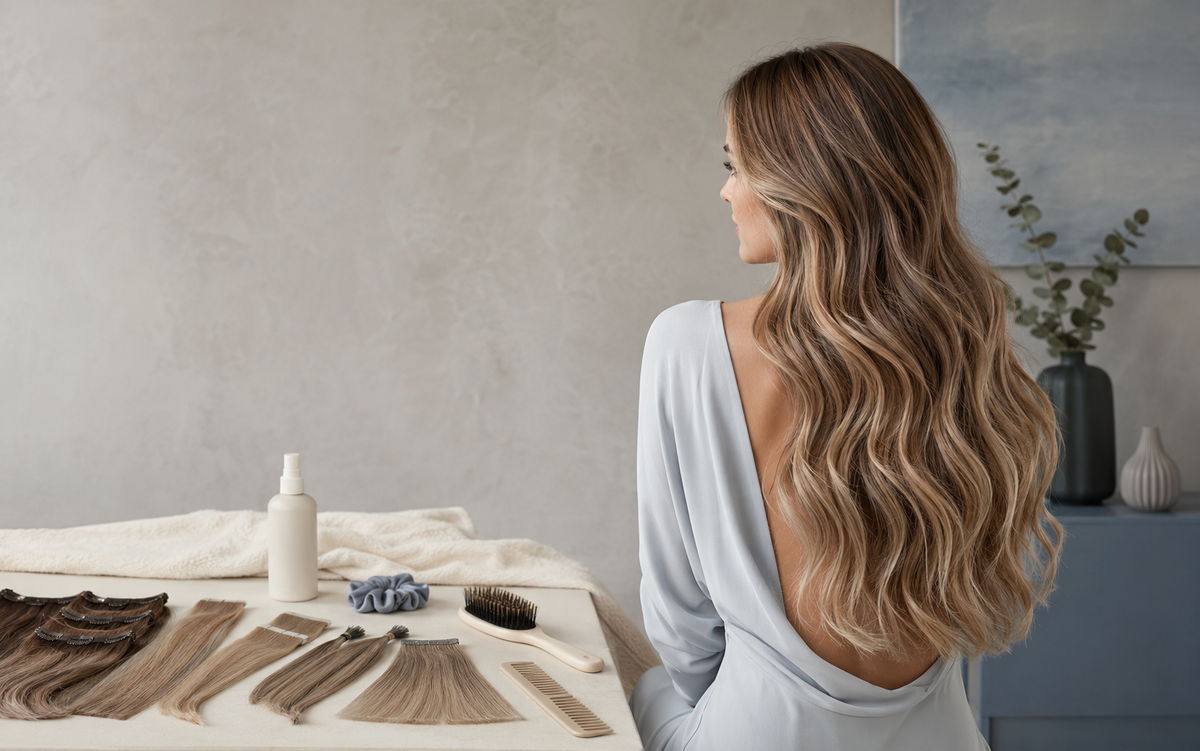 Young Caucasian woman with wavy Remy human hair extensions blended naturally with her own hair