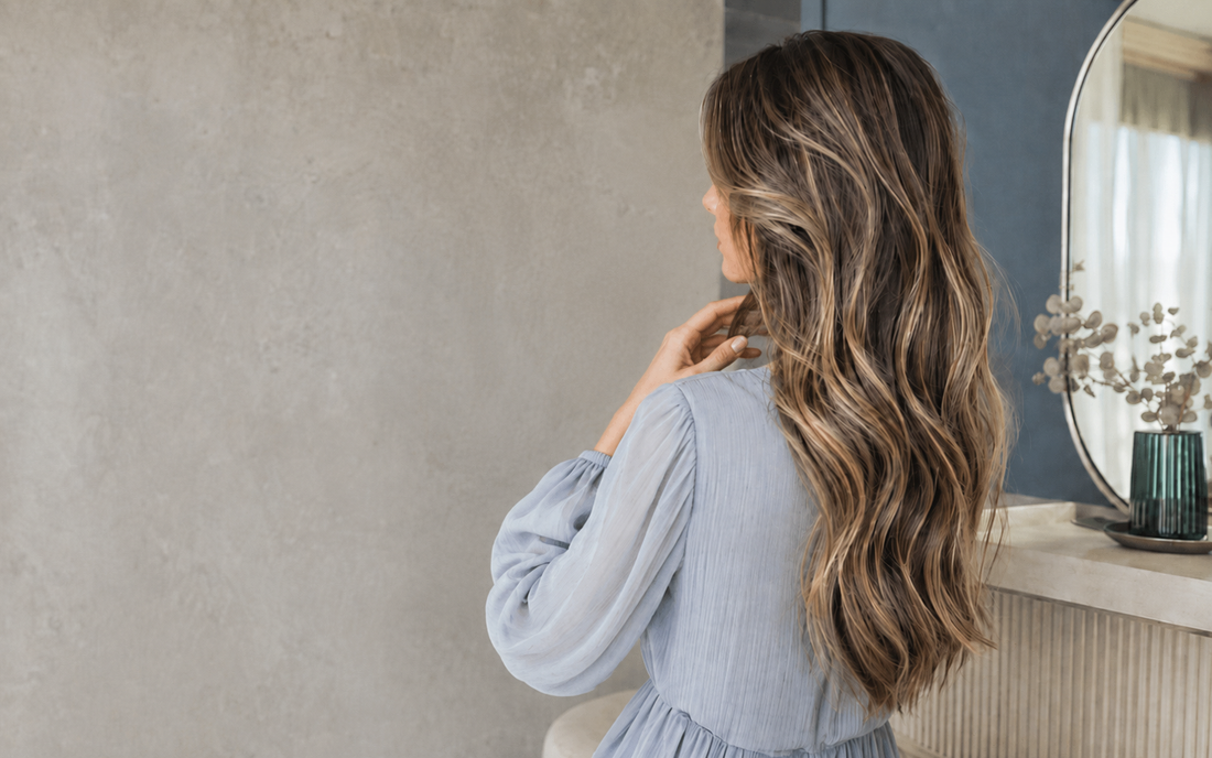 Young Caucasian woman comparing highlighted balayage and rooted Remy hair extensions