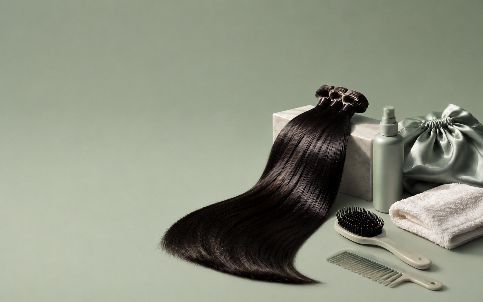 Silky human hair extensions arranged with care tools for longer-lasting wear