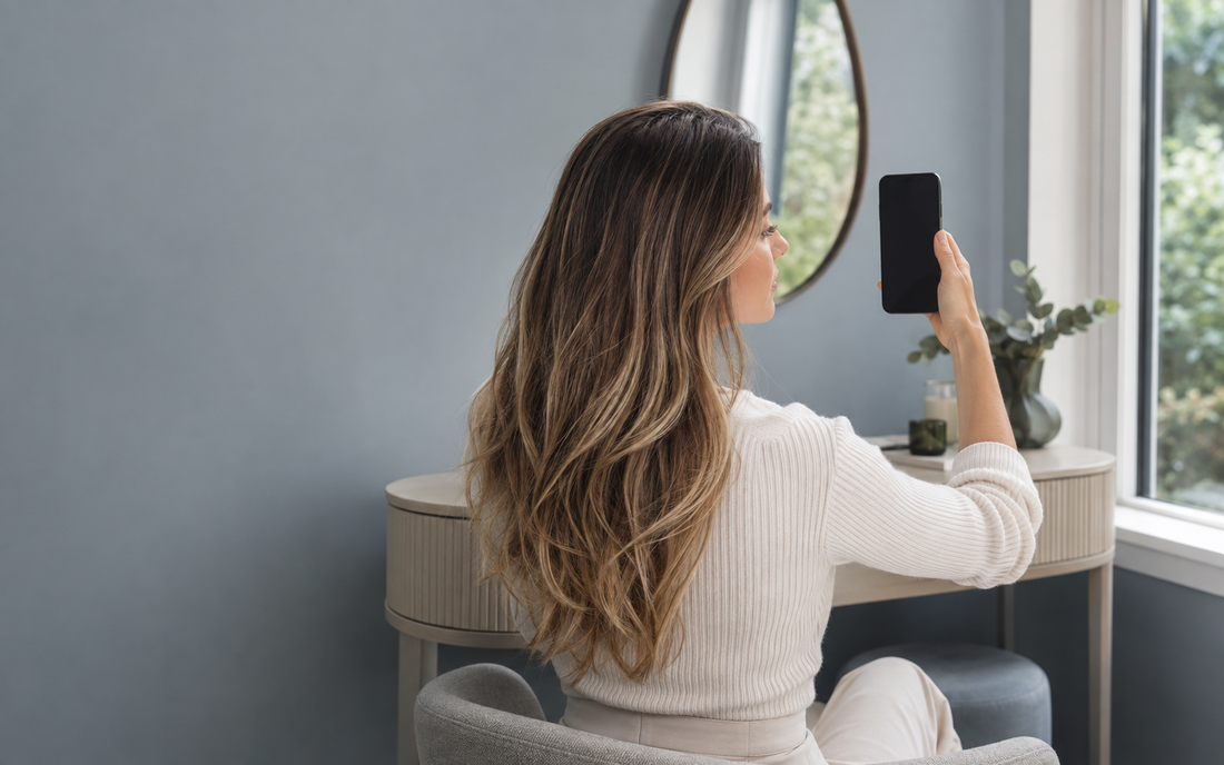 Young Caucasian woman photographing her hair in natural daylight for an online shade match