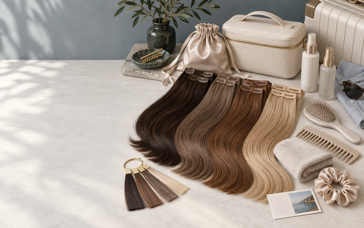Clip-In Remy human hair extensions packed for travel with a silk pouch brush and clean travel case