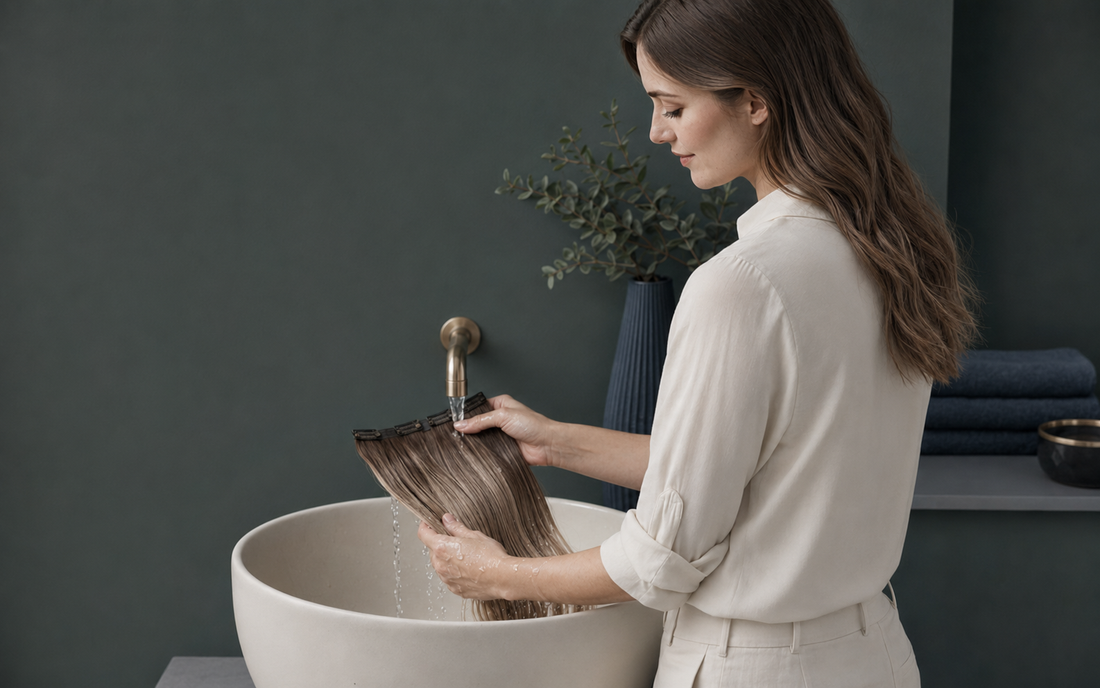 Young Caucasian woman gently washing human hair clip-in extensions in a clean basin