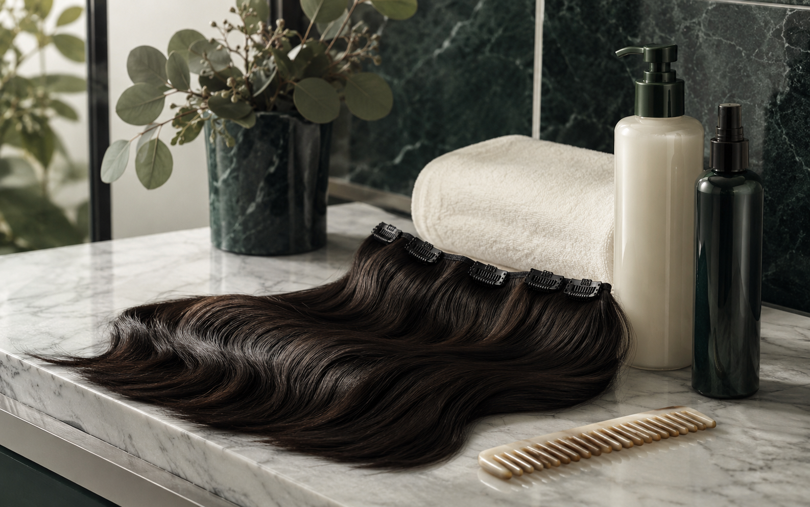 Human hair extensions care routine with brush and hair care products