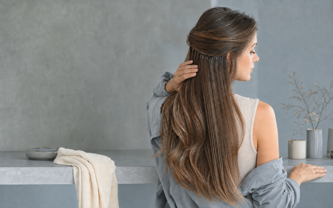 Young Caucasian woman caring for Remy I-Tip hair extensions with discreet micro beads