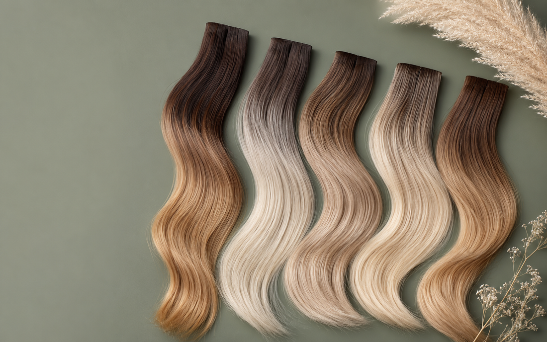 Dark-rooted human hair extension shades transitioning into lighter lengths