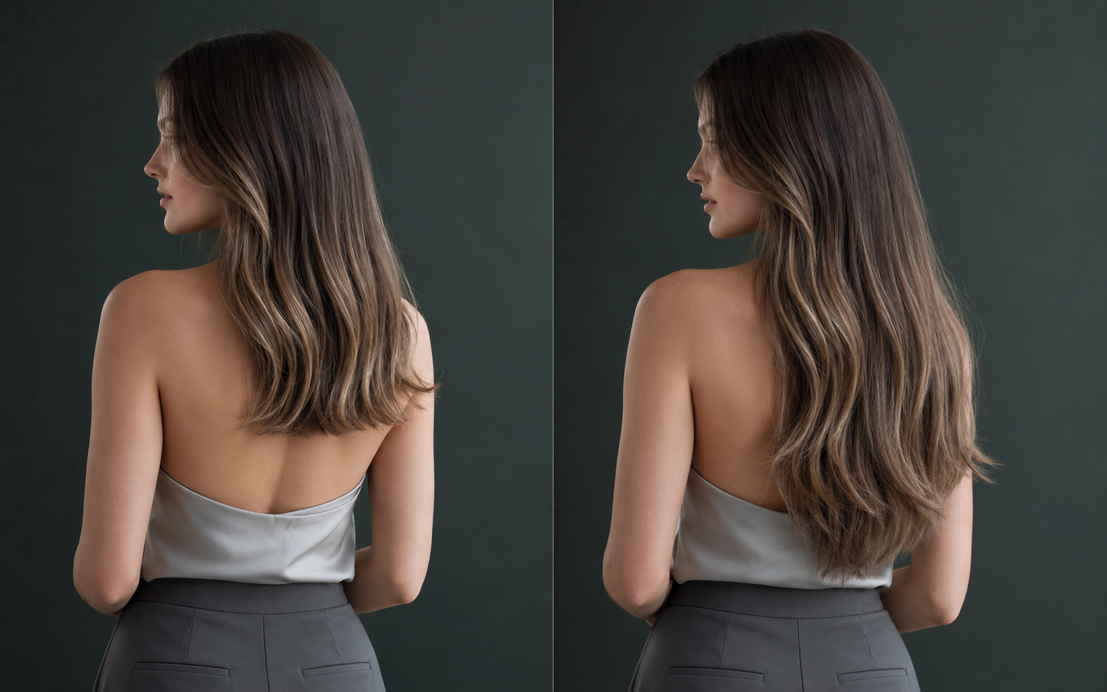 Young Caucasian woman comparing volume-only and length-and-volume human hair extensions