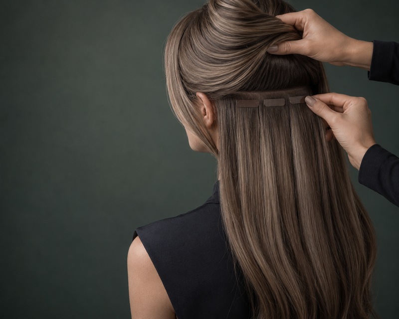Caucasian woman wearing sleek ash-brown Tape-In extensions with discreet flat tabs beneath the natural hair.