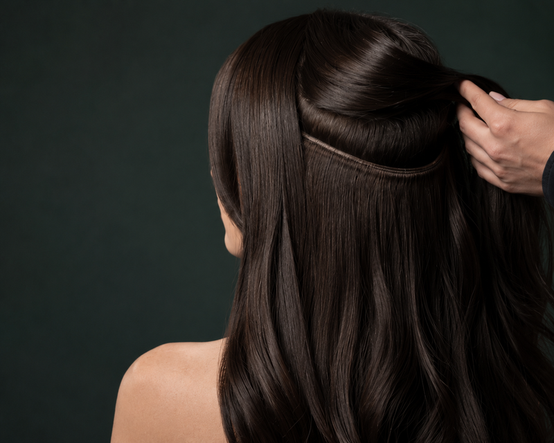 Caucasian woman wearing seamless cool-brunette Genius Weft extensions against a muted dark green background.