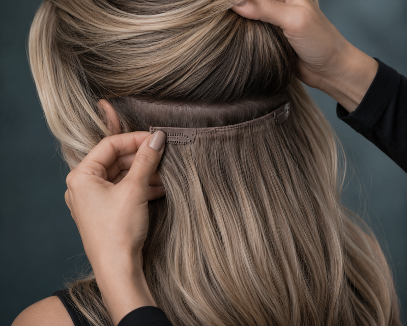 Blonde Caucasian woman styling seamlessly blended Clip-In hair extensions against a cool smoky blue-grey background.