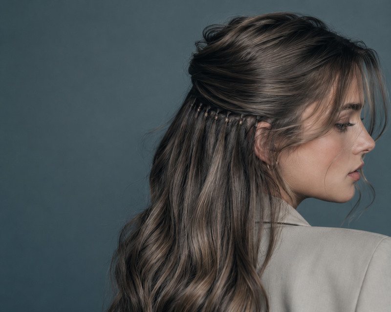 Caucasian woman wearing cool brunette I-Tip extensions with tiny concealed micro-bead attachment points.