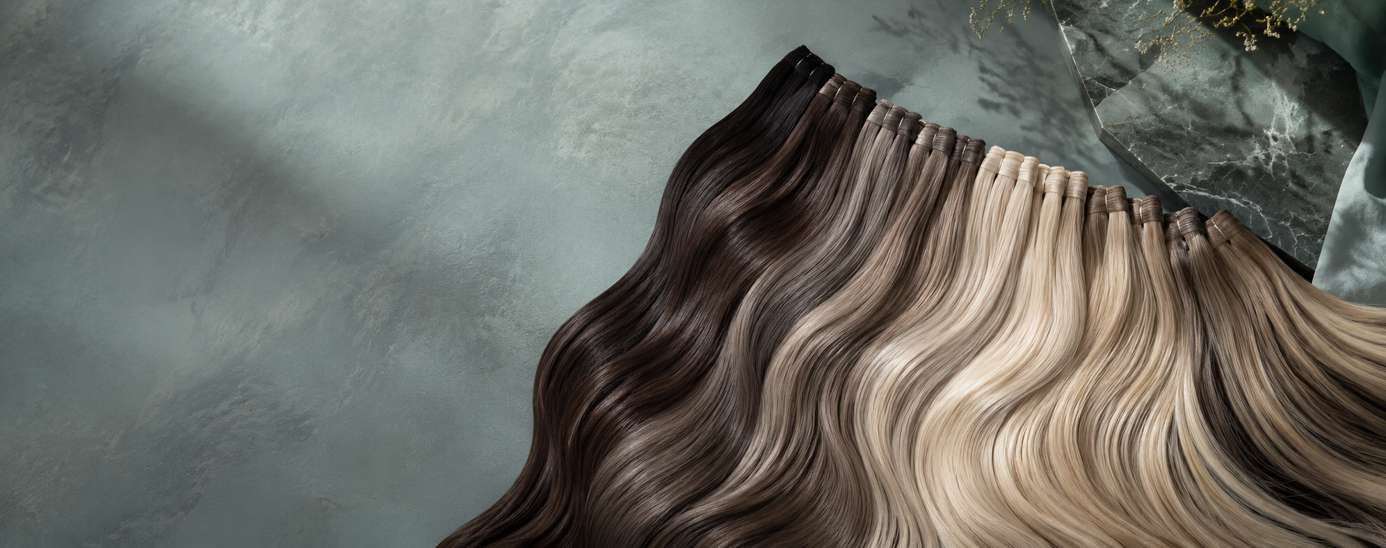 Editorial arrangement of Remy human hair extension swatches showing cool brunette, blonde, and balayage shades on a muted green background.